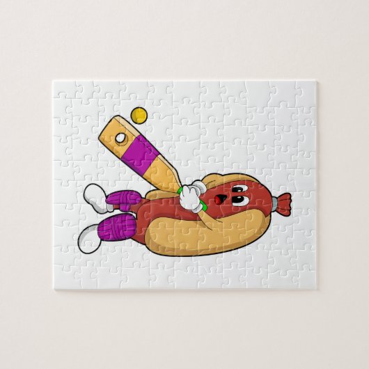 Hotdog bij Cricket met cricket bat Legpuzzel (Horizontaal)
