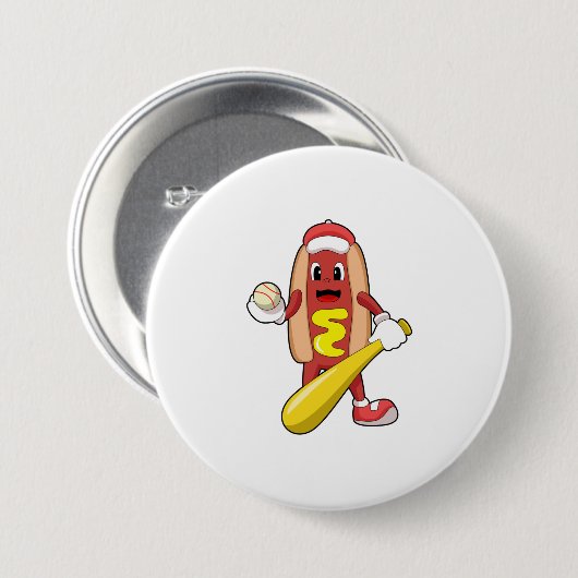 Hotdog bij honkbal met honkbalknuppel ronde button 7,6 cm (Voorkant /achterkant)