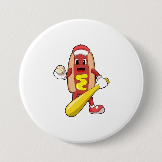 Hotdog bij honkbal met honkbalknuppel ronde button 7,6 cm (Voorkant)
