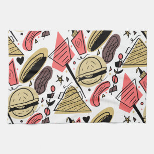 Hotdog Burger Doodle BBQ Verjaardagspatroon       Theedoek