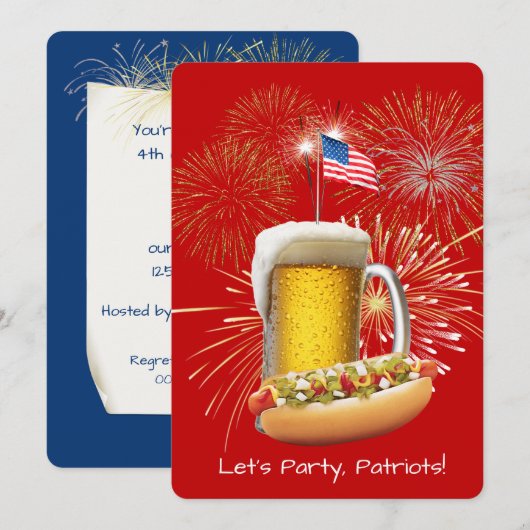 Hotdog en bier met vuurwerk en vlag kaart (Voorkant / Achterkant)