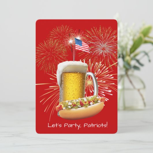 Hotdog en bier met vuurwerk en vlag kaart (Staand voorkant)