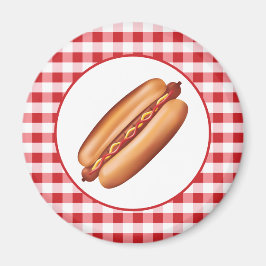 Hotdog Fastfood Illustratie Op Rode Gingham Magneet