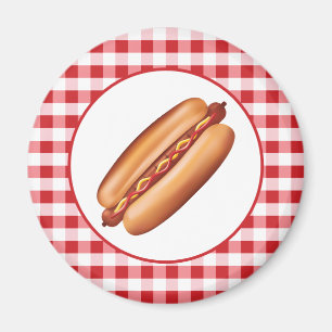 Hotdog Fastfood Illustratie Op Rode Gingham Magneet
