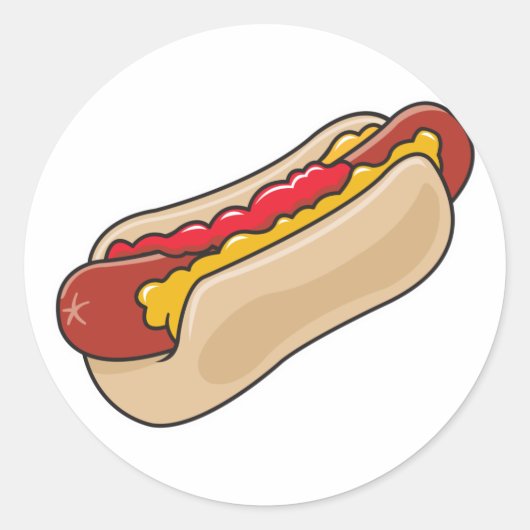 hotdog in bun met ketchup en mosterdgrafische kaar ronde sticker (Voorkant)
