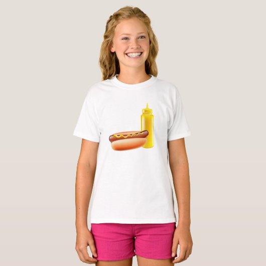 Hotdog met mosterd fles meisjes T-shirt (Voorkant volledig)