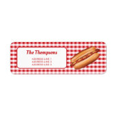 Hotdog op rode geruite stof met aangepaste tekst etiket (Voorkant)
