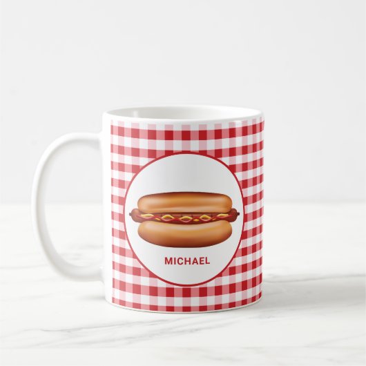 Hotdog op rode geruite stof met aangepaste tekst koffiemok (Links)