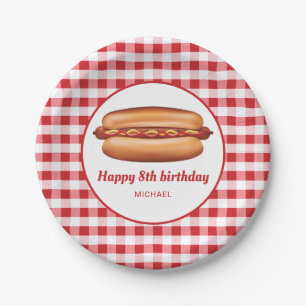 Hotdog op rood geruit patroon Gefeliciteerd Papieren Bordje