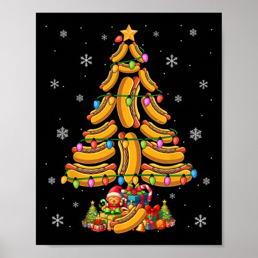 Hotdogs Kerstboom Kleurrijke Lichten Grappig Eten Poster (Voorkant)