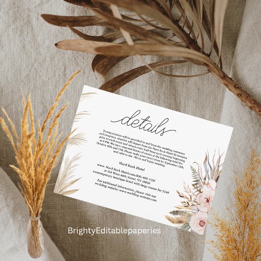 Hotel bruiloft details in tropische bloemen notitiekaartje