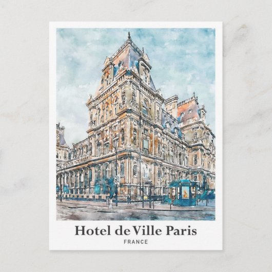 Hotel de Ville Paris Travel Waterverf met de hand  Briefkaart (Voorkant)