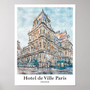 Hotel de Ville Paris Travel Waterverf met de hand Poster