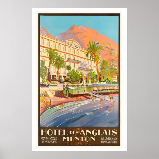 Hotel des Anglais Menton Oude Reisposter Poster (Voorkant)