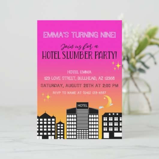 Hotel skyline meisje slaperij feestje roze ombre kaart (Staand voorkant)