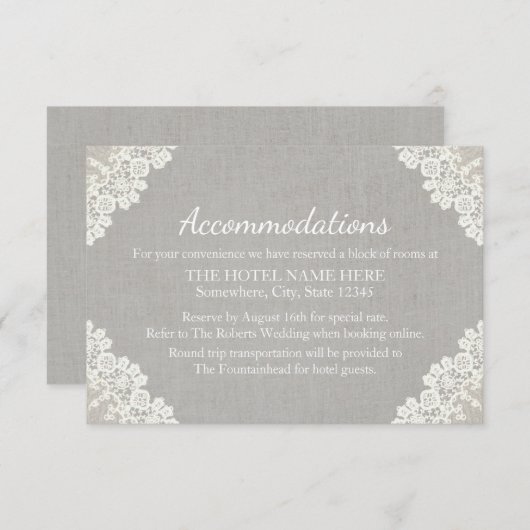 Hotelaccommodatie | Rustieke kant & grijs linnen Informatiekaartje (Voorkant / Achterkant)