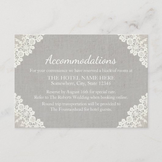 Hotelaccommodatie | Rustieke kant & grijs linnen Informatiekaartje (Voorkant)