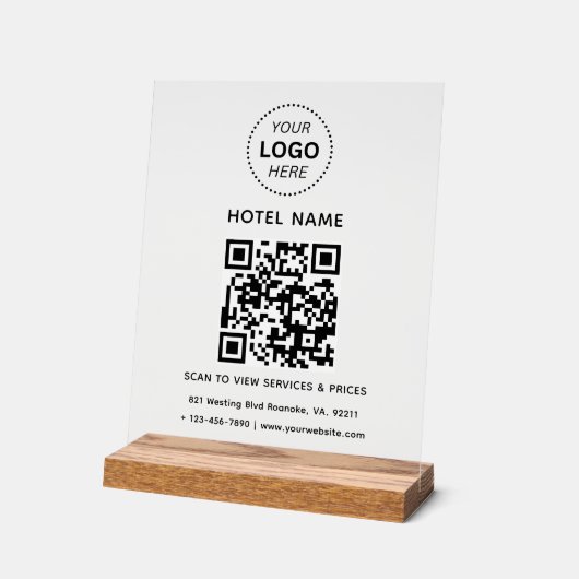 Hotelnaam Logo & QR code Diensten Prijzen Details Acryl Bord (Hoek)