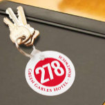 Hotelnaam plus kamernummer op een Sleutelhanger<br><div class="desc">Hotel Room Keyring of Sleutelhanger met de hotelnaam en het adres plus het kamernummer. Rood ontwerp.</div>