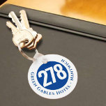 Hotelnaam plus kamernummer op een Sleutelhanger<br><div class="desc">Hotel Room Keyring of Sleutelhanger met de hotelnaam en het adres plus het kamernummer. Blauw ontwerp.</div>