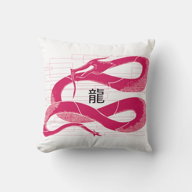 Hotpink Dragon Japanse Draak Witte Achtergrond Kussen (Voorkant)
