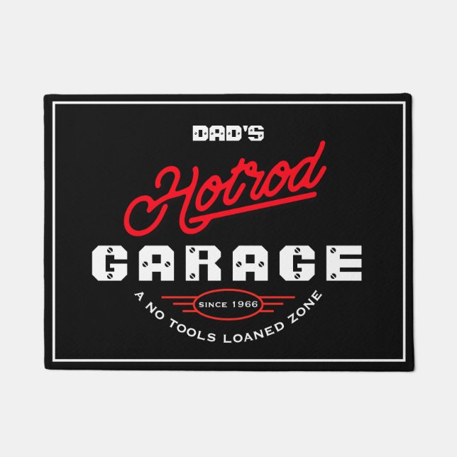 Hotrod Garage Name Red Neon Effect Retro on Black Deurmat (Voorkant)
