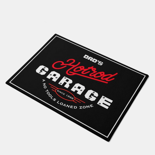 Hotrod Garage Name Red Neon Effect Retro on Black Deurmat (Schuin)