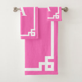 Hotroze en White Greek Key Border Monogram Bad Handdoek