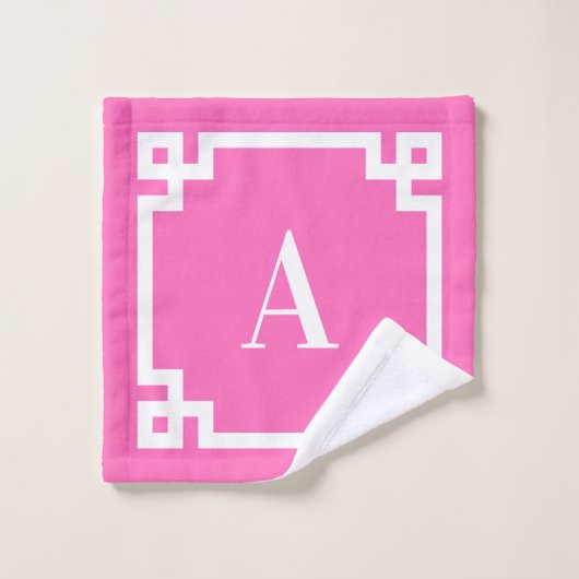 Hotroze en White Greek Key Border Monogram Bad Handdoek (Wasdoekje)