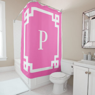 Hotroze en White Greek Key Border Monogram Douchegordijn