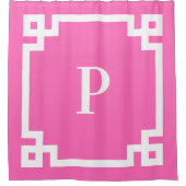 Hotroze en White Greek Key Border Monogram Douchegordijn (Voorkant)