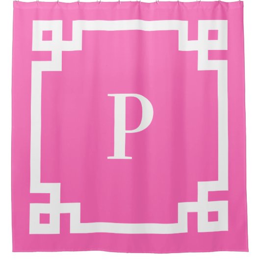 Hotroze en White Greek Key Border Monogram Douchegordijn (Voorkant)