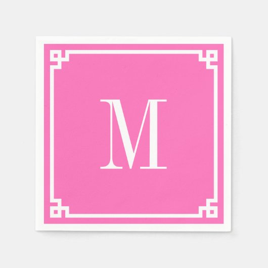 Hotroze en White Greek Key Border Monogram Servet (Voorkant)