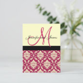 Hotroze Ivory Damask Monogram Weddenschap Kaart (Staand voorkant)