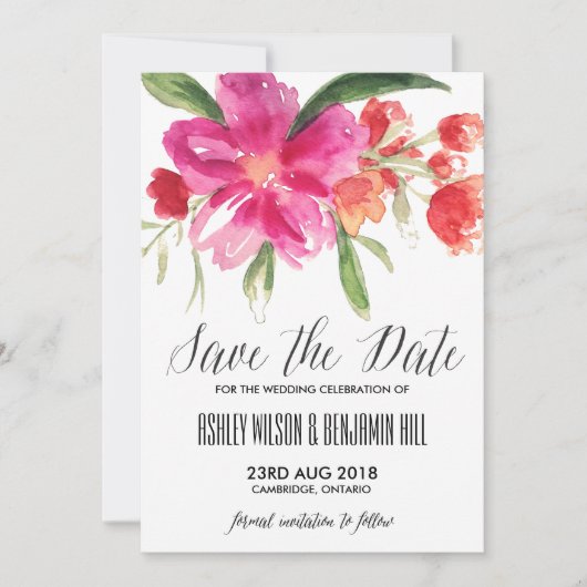 Hotroze waterverf posy save the date aankondiging (Voorkant)
