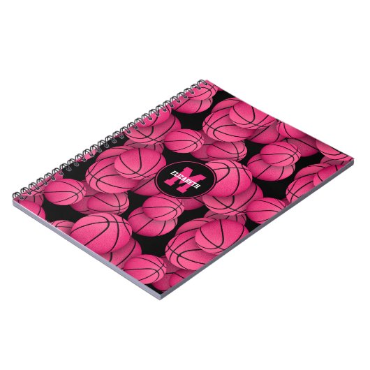 hotroze zwarte gepersonaliseerde meisjes basketbal notitieboek (Linkerzijde)