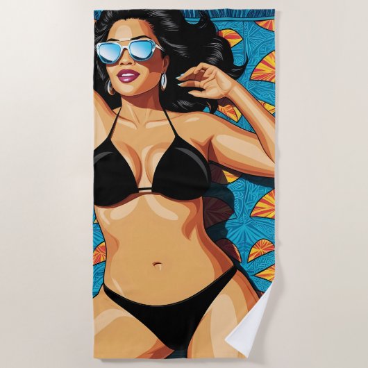 Hottie in een zwarte bikini strandlaken (Voorkant)