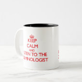 Hou Calm en luister naar de criminoloog Tweekleurige Koffiemok (Voorkant links)