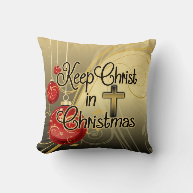 Hou je Christus vol Kerstmis, goud/rood Christelij Kussen (Voorkant)