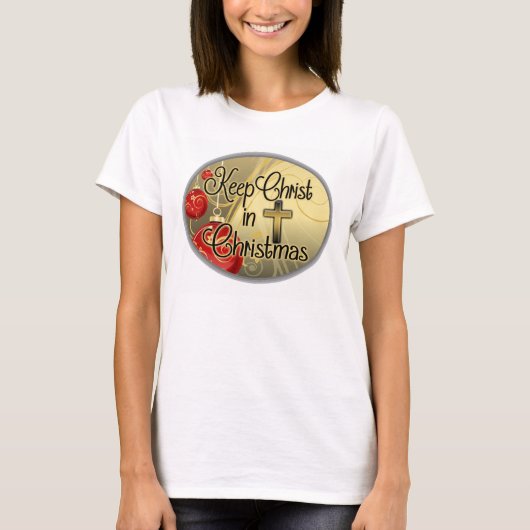 Hou je Christus vol Kerstmis, goud/rood Christelij T-shirt (Voorkant)