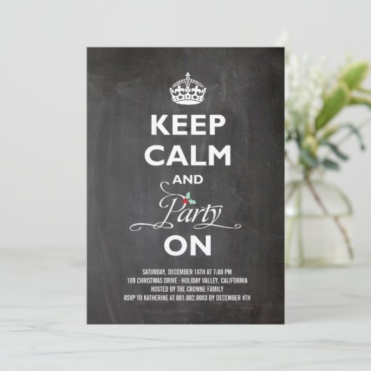 Hou kalm en feest op Chalkboard Funny Holiday Kaart (Staand voorkant)