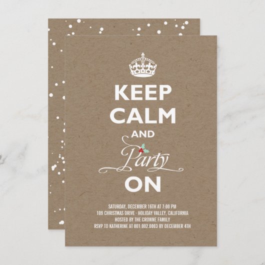 Hou kalm en feest op Kraft Funny Holiday Party Kaart (Voorkant / Achterkant)