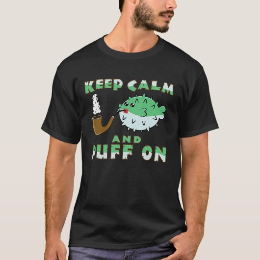 Hou kalm en pit op Puffer Fish Piping roken T-shirt (Voorkant)