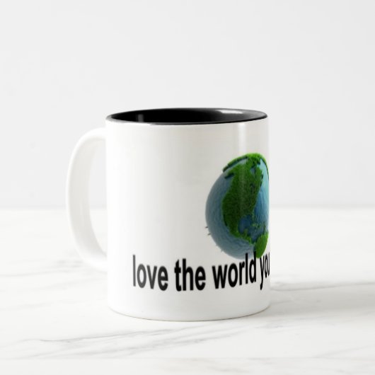 Hou van de wereld waar je mee bent tweekleurige koffiemok (Voorkant links)