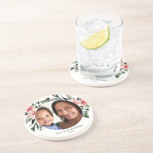 Hou van je oma Greenery Wreath met foto Zandsteen Onderzetter (Zijkant)