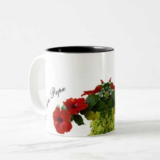 Hou van je Papa Vaderdag Bloemenrode Hibiscus Tweekleurige Koffiemok (Voorkant links)