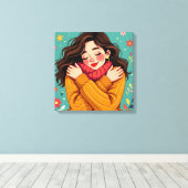 Hou van jezelf | Meisje knuffelt zichzelf Canvas Afdruk (Insitu (Houten vloer))