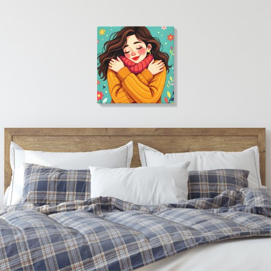 Hou van jezelf | Meisje knuffelt zichzelf Canvas Afdruk (Insitu (Slaapkamer))