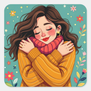 Hou van jezelf Meisje knuffelt zichzelf Vierkante Sticker