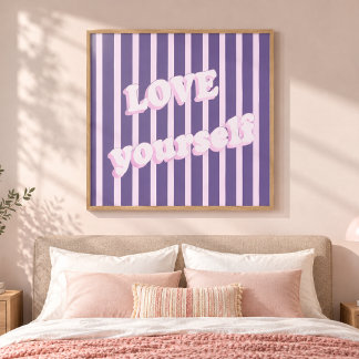 Hou van jezelf paarse gestreepte retro-typografie canvas afdruk
